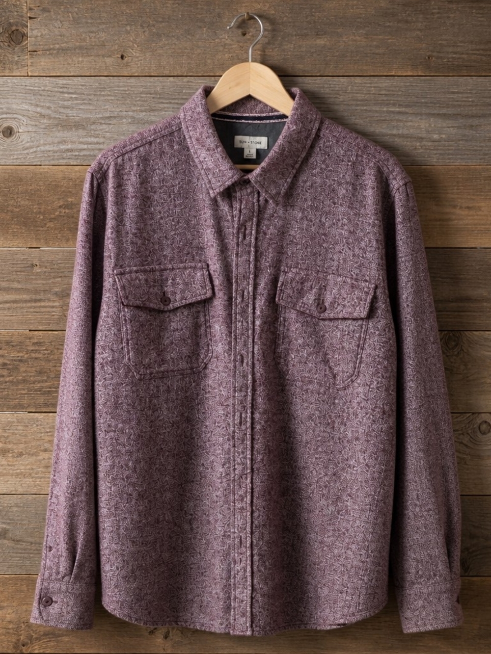 Sun + Stone Men's Long Sleeve Flannel Shirt Burgundy Heathered XL "